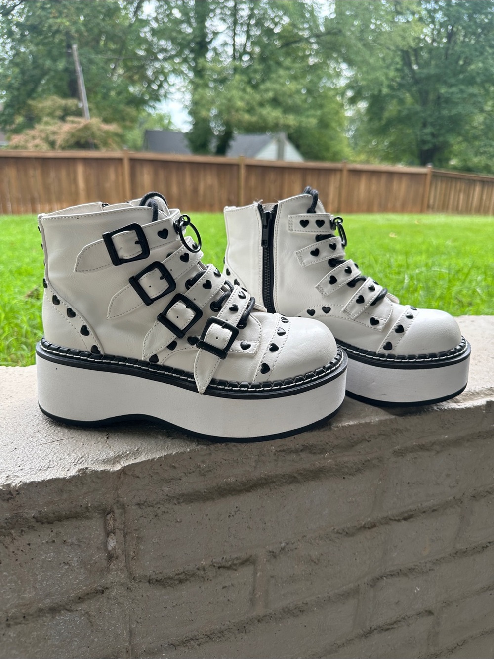 Demonia Emily 315 White Platform Ankle Boots with Heart Studs and Buckle Straps